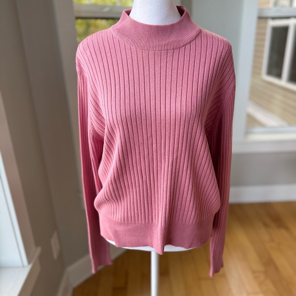 Vintage 90s Laura Scott Mauve Pink Ribbed Cotton Mockneck Cropped Sweater Large